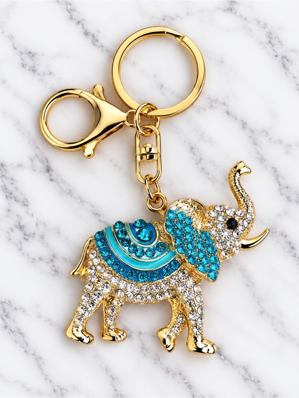 Bag Charm/Keyring-White/Turquoise Rhinestone Lucky Elephant Charm-Gold Hardware